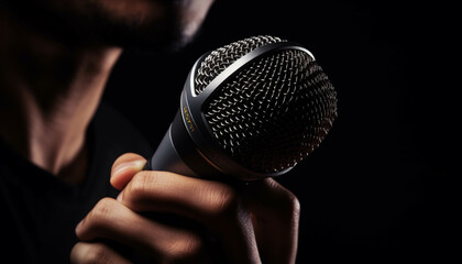 The singer hand holds the microphone, captivating the audience attention generated by AI
