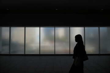 Niigata, Japan - October 25, 2023: Silhouette of people walking in front of frosted glass window 
