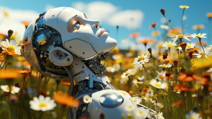 A Happy Humanoid Robot laying in a Colourful Meadow full of wildflowers - A Robot's Tranquil Encounter With Nature