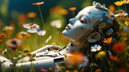 A Happy Humanoid Robot laying in a Colourful Meadow full of wildflowers - A Robot's Tranquil Encounter With Nature
