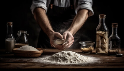 Fototapeta na wymiar A baker hands kneading dough on a wooden table generated by AI