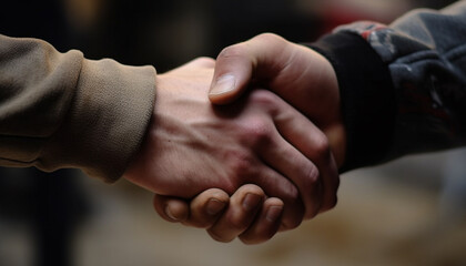 Two men shaking hands, showing teamwork and cooperation in business generated by AI