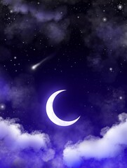 Silver crescent moon in a cloudy starry night sky illustration digital art