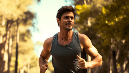 A fit young man jogging in nature, radiating confidence and vitality generated by AI