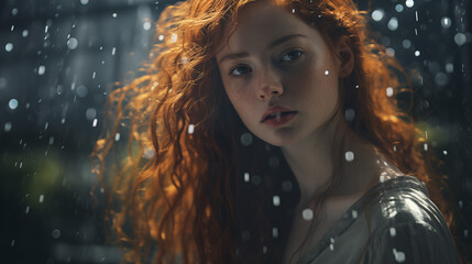 A cinematic photograph of a woman with red curly hair staring into the distance in a snow storm