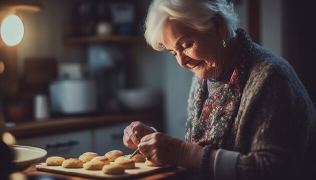 Smiling senior woman in kitchen baking homemade cookies with joy generated by AI