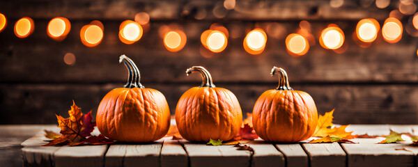 Mini Thanksgiving Pumpkins and Leaves Adorning a Rustic Wooden Table with Warm Lights and Bokeh on a Wood Background - A Cozy Thanksgiving and Harvest Concept