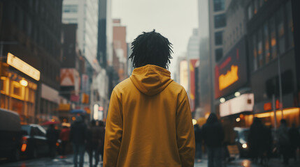 African American teenager in a city street at sunset wearing a yellow hoodie, depth of field cinematic photograph