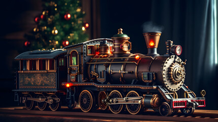 toy vintage steam locomotive on the floor under a decorated Christmas tree on a background of bokeh lights garland. Christmas and New year celebration concept - obrazy, fototapety, plakaty