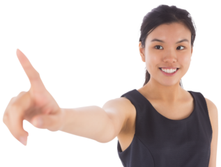 Digital png photo of biracial businesswoman touching virtual screen on transparent background