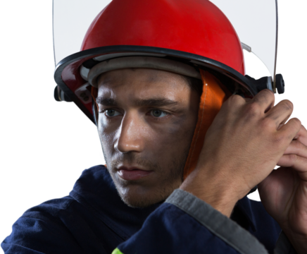 Digital png photo of caucasian male firefighter wearing helmet on transparent background