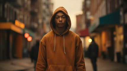 Fototapeta na wymiar African American teenager in a city street at sunset wearing an orange fashion hoodie