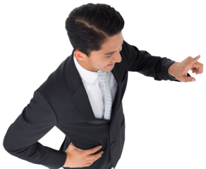 Digital png photo of biracial businessman touching virtual screen on transparent background