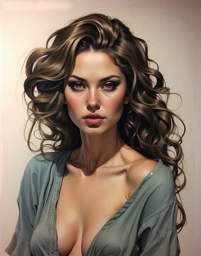 painting of extremely beautiful woman with tousled dark hair and open shirt staring directly forward
