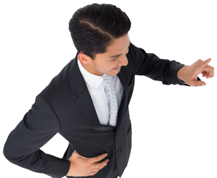 Digital png photo of biracial businessman touching virtual screen on transparent background - Powered by Adobe