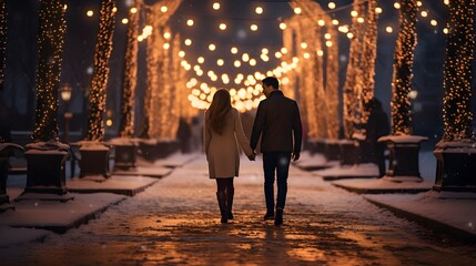 couple in love walking hand in hand in a street decorated for Christmas at night. Generative AI - obrazy, fototapety, plakaty