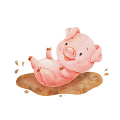Cute piggy playing in puddle. Hand drawn watercolor illustration isolated on white background. Funny Farm animal for kids