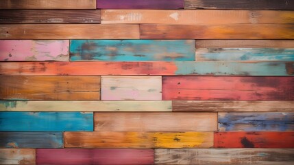 colorful wooden texture, Distressed and multicolored wood wall featuring an abstract painting