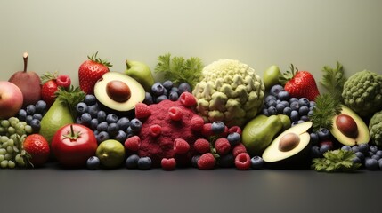 Fresh fruit, Vegan food assorted arrangement on gray background.