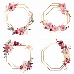 set of flowers and leaves frame invitation painting border drawing frame gold wedding retro illustration romantic set element