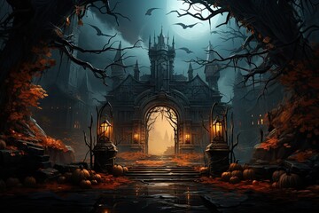 Halloween moon night Perspective of Halloween abandoned castle, orange-red sky, bat, cute scary pumpkin face, boo, cemetery, four scary trees, spider web, Halloween concept by Generative AI - obrazy, fototapety, plakaty