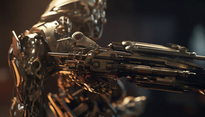 Fototapeta premium Shiny brass instrument reflects metallic focus on foreground, performing in industry generated by AI