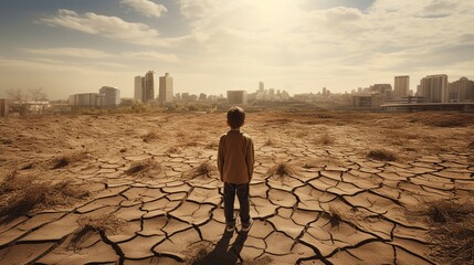 Little boy standing on cracked dry land and looking at city buildings