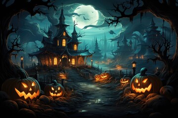 Fototapeta na wymiar Halloween moon night Perspective of Halloween abandoned castle, orange-red sky, bat, cute scary pumpkin face, boo, cemetery, four scary trees, spider web, Halloween concept by Generative AI