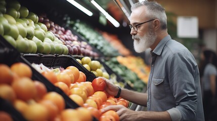 Mature man shopping in grocery store. Side view choosing fresh fruits and vegetables in supermarket. Generative AI - obrazy, fototapety, plakaty