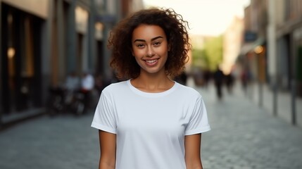Woman Posing and Wearing White Tee Shirt Mockup Placement on the Street. Shirt Mockup Template
 - obrazy, fototapety, plakaty