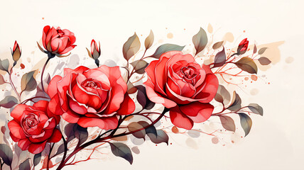 watercolor flora roses and leaves, Hand-drawn illustration white background
