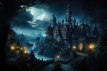 vampire Castle with a landscape of trees, foggy, in the night, photorealistic by Generative AI