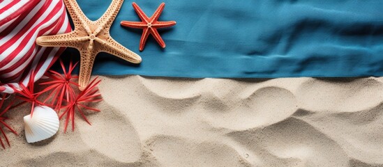 View of beach towel with summer accessories