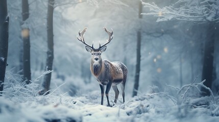 Forest deer against the backdrop of a winter forest landscape. Winter time background. Generative AI