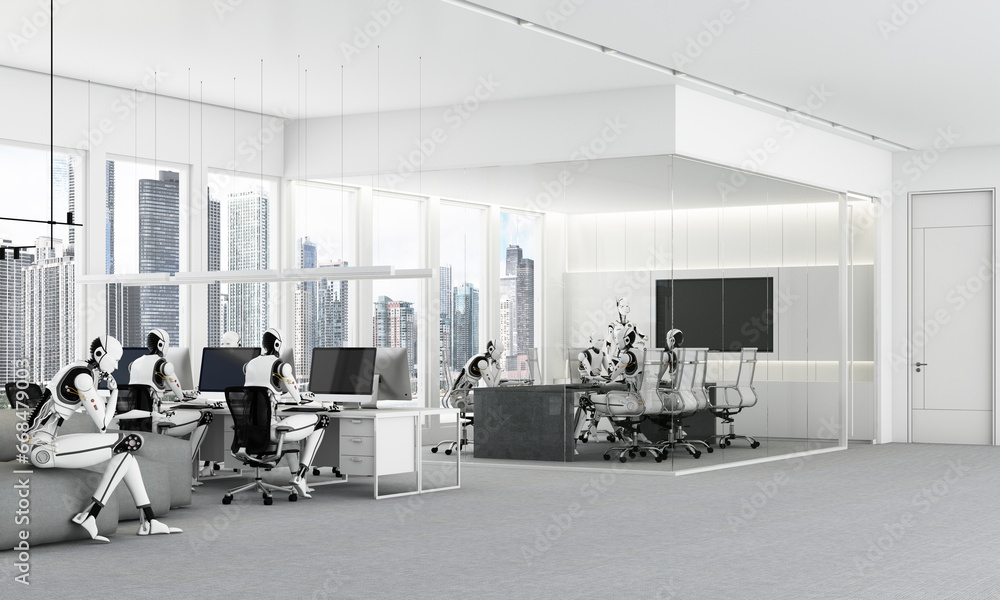 Poster office work space on a tall building with views of the surrounding city. it is a world of the future