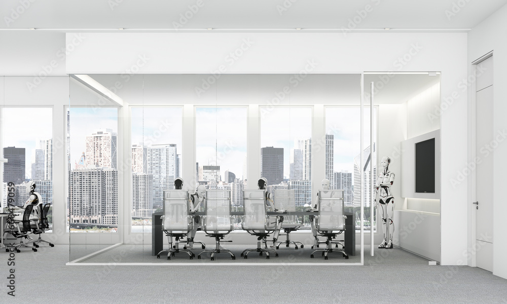 Poster office work space on a tall building with views of the surrounding city. it is a world of the future