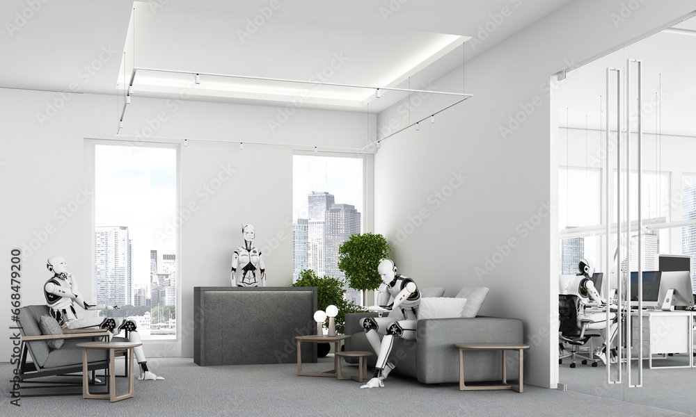 Poster office work space on a tall building with views of the surrounding city. it is a world of the future