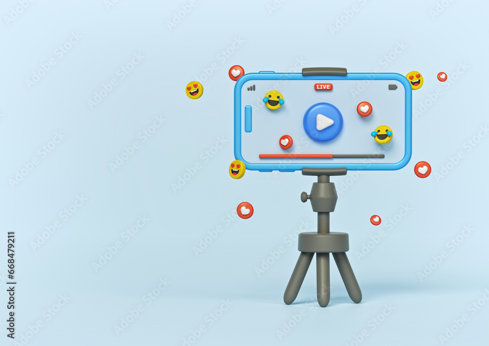 Poster 3d social media live streaming concept with smartphone on tripod. copy space. 3d rendering