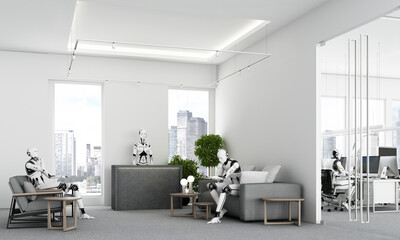 Office work space on a tall building with views of the surrounding city. It is a world of the future. that uses artificial intelligence robots Work for humans or work together. 3d render illustration