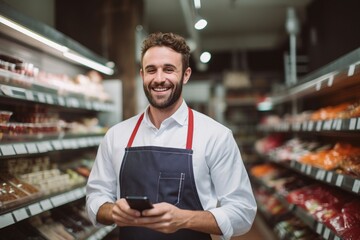 A supermarket employee. Portrait of handsome staff man salesman in apron standing using digital tablet and looking at camera in grocery store supermarket. small business owner. Generative AI