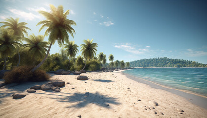 Idyllic sunset over tranquil waters, palm trees sway in tropical paradise generated by AI