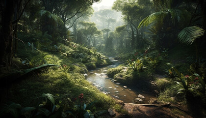 The tropical rainforest reveals its beauty in nature mysterious adventure generated by AI