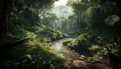 Fototapeta premium The tropical rainforest reveals its beauty in nature mysterious adventure generated by AI