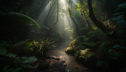 Mysterious tropical rainforest, foggy landscape, dark ferns, wet footpath generated by AI