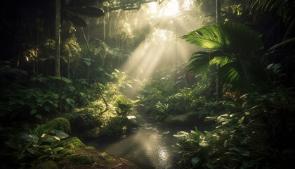 Lush green forest, tropical rainforest, tranquil scene, animals in the wild generated by AI