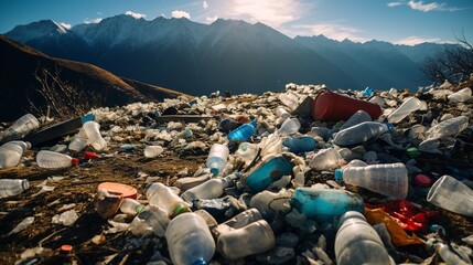 Plastic water bottle waste pollution pollutes mountains. World environment day concept - obrazy, fototapety, plakaty