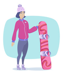Cute girl in hat and ski jacket going snowboarding. Vector illustration. Winter sport, hobby concept