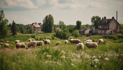 Obraz premium Green meadow, flock of sheep grazing in rural landscape generated by AI