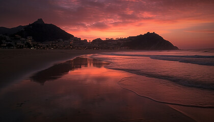 Sunset over tranquil coastline, nature beauty reflected in calm waters generated by AI