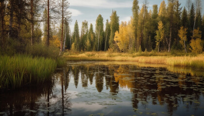 Fototapeta na wymiar Autumn forest landscape, tree reflects yellow beauty in nature generated by AI